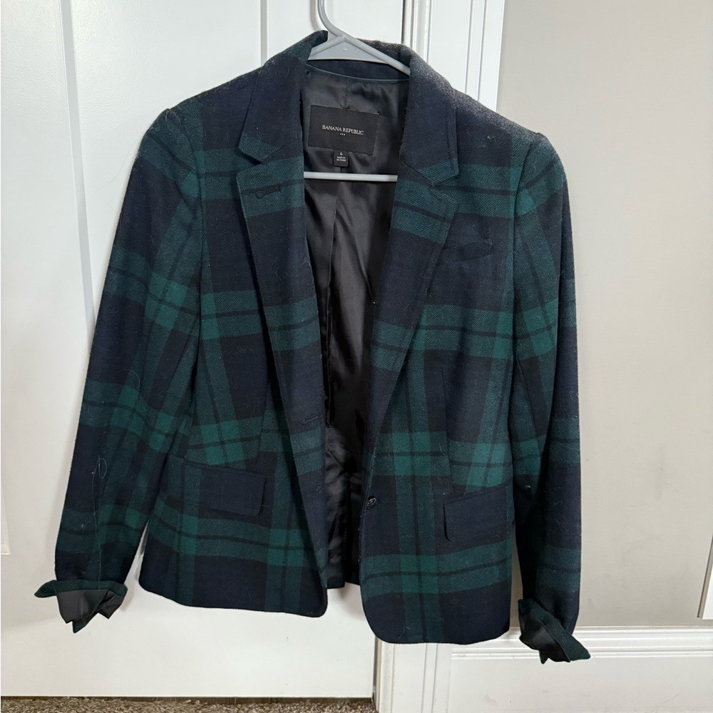 Banana Republic Dark Green and Black Checkered Blazer